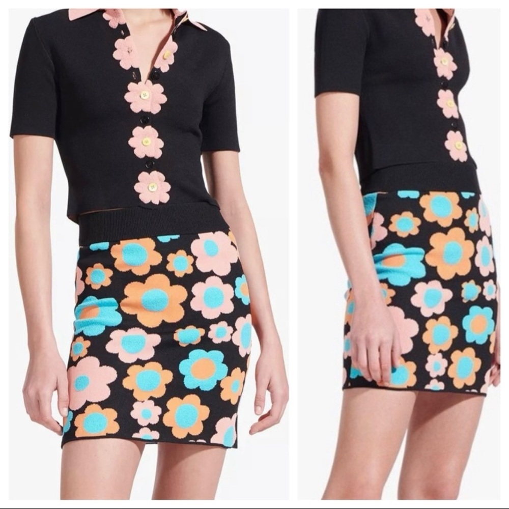 STAUD blues retro 70’s floral knit mini skirt size large
